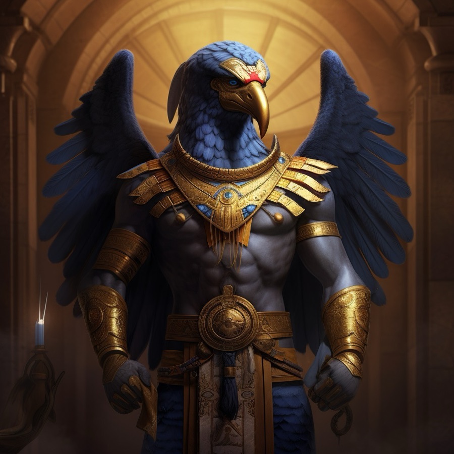 Ilustração de Hórus, deus egípcio com cabeça de falcão, asas azuis e armadura dourada, dentro de um templo